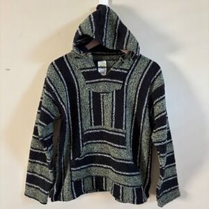 Senor Lopez Mexican Baja Hoodie Green Black Striped Jerga Pullover Medium